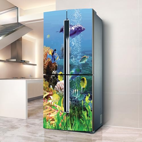 Fridge Wraps Kitchen Fridge Covers - Full Doors, Wall Stickers for Kitchen Decal, Ocean Museum Fish Dolphin