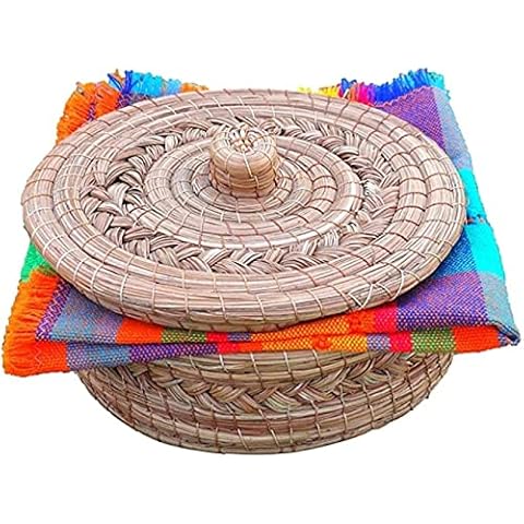 MEXTEQUIL - Authentic Mexican Tortilla Warmer Basket - Pine Needle Handwoven with Handloomed Cloth (Natural 10" w cloth) Cover