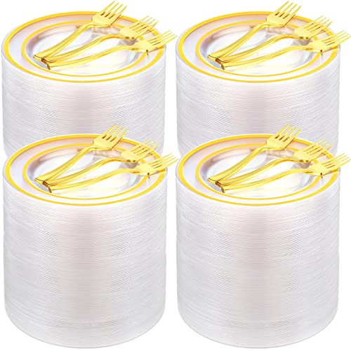 Gandeer Pieces Plastic Dessert Plate Sets 150 Fork And 150 Small Clear Cake Plate Rim Disposable Plate Round Plastic Dessert Party Plate 6 Inch Fancy Salad Plate Appetizer Plate For Wedding (Gold) #TOP8