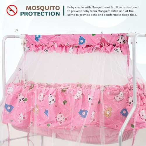 Image of BAYBEE Cradle for New Born Baby with Mosquito Net & Bedding Set, Baby Jhula, Thottil, Infant Uyyala, Safety Spring Palna, Cotton Sleeping Swing for Boys & Girls (Pink)