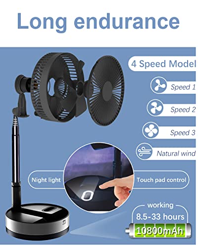 Image of UN UNITEDTIME Foldable Fan Foldaway Oscillating with Remote Control, 10800mAh Battery Operated Fans, Portable for Outdoor, Courtyard, Beach,Travel, Room,4 Speeds, with Timer night light (Black)