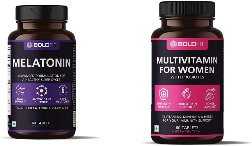 Boldfit Melatonin 5mg Sleeping Aid Pills with Tagara 125mg Sleep Supplement (60 Veg Tablets) & Multivitamin For Women With Probiotics Supplement With 42 Vital Ingredients - 60 Vegetarian Tablets
