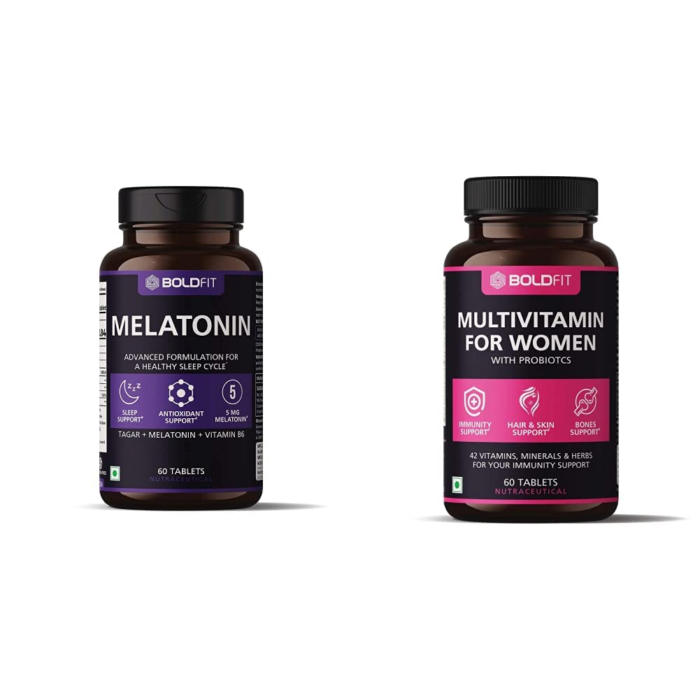 Boldfit Melatonin 5mg Sleeping Aid Pills with Tagara 125mg Sleep Supplement (60 Veg Tablets) & Multivitamin For Women With Probiotics Supplement With 42 Vital Ingredients - 60 Vegetarian Tablets