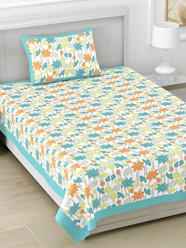 Image of DE CAMA Since 1997 | 100% Pure Cotton 300 TC Premium Single Bedsheet for Single Bed (60 x 90 Inch) with 1 Pillow Cover (17 x 27 Inch) | Luxury Designer Printed Bedsheet Set - Multicolour Lotus