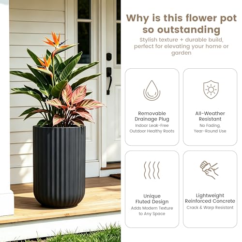 Kante 21.7" Tall Fluted Concrete Planter, Large Black Plant Pot with Drainage Hole & Rubber Plug – Breathable Cylinder for Indoor Outdoor, Artistic Textured Decor for Home Garden by Kante - Image 4