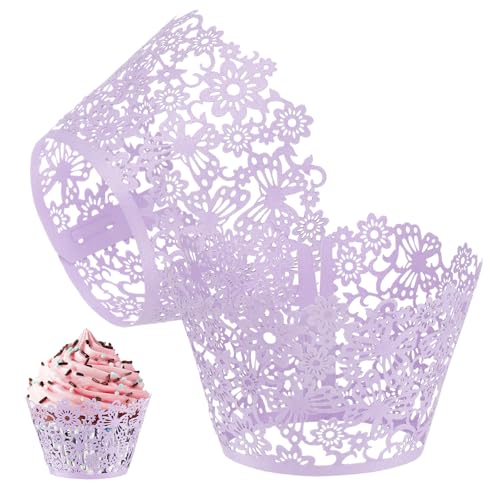 M METERXITY 50 Paquetes De Envolturas Para Cupcakes Papel De Arte Perlado Moldeadores Huecos De Encaje Floral Para Decoración De Bodas/Fiestas De Cumpleaños [Morado Claro]