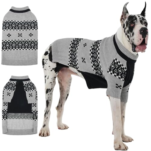 IECOii Great Dane Sweater, 4XL Dog Sweater for Giant Breeds Male, Warm Dog Sweaters with Fair Isle Pattern for Fall Winter Walking, Mid-Neck Pullover Thick & Stretchy for Big Dogs Boy, Grey,