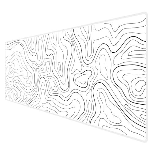 HGWALP Large Gaming Mouse Pad & Extended XXL Computer Game Mouse Mat Long Desk Pad with Stitched Edges for Keyboard Home Office Gaming Work Big Desk Pad (35.4x15.7x0.12IN 90x40) White Topographic