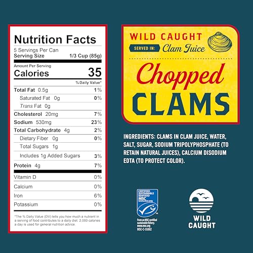 Image of Snow's Wild Caught Chopped Clams Canned, 15 oz Can (Pack of 12) - Served in Clam Juice - 4g Protein Per Serving - Gluten Free, Keto Friendly, 99% Fat Free
