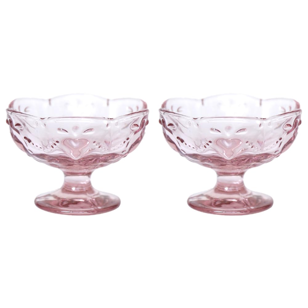 OnePine Set of 2 Vintage Glass Footed Ice Cream Bowls, 140ml Glass Sundae Dishes Dessert Dishes, Height 7cm Glass Dessert Bowls for Dessert, Ice Cream, Sorbet, Fruit and Pudding, etc.