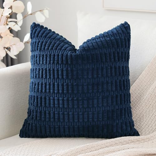 Image of Artscope Corduroy Set of 1 Cushion Cover 60x60 cm Super Soft Boho Striped Square Pillow Covers Case Decorative Modern Cushion Covers for Sofa Couch Bedroom Car Decor Navy Blue