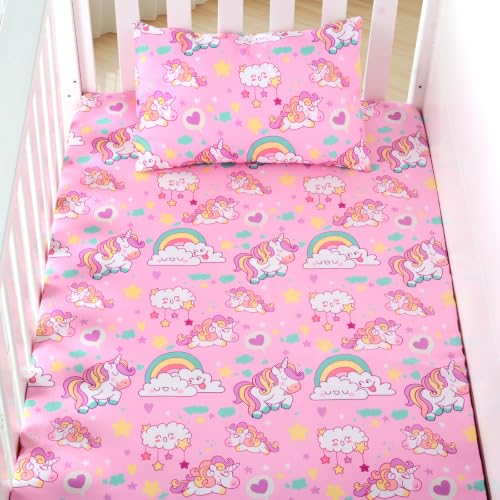 Image of JISEN 3 Piece Crib Bedding Set Soft Baby Unicorns Crib Comforter Set with Comforter, Sheet, Pillowcase - Nursery Bedding for Boys or Girls Pink