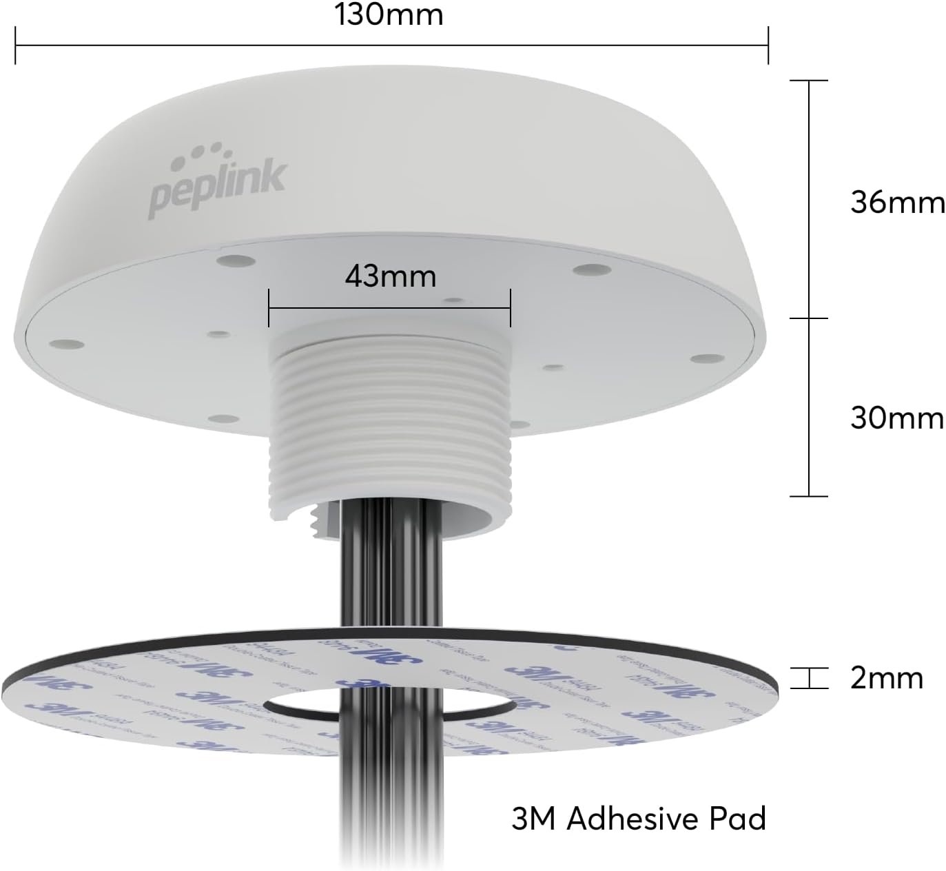 Peplink Mobility 40G Cellular Antenna dimensions and 3M adhesive pad