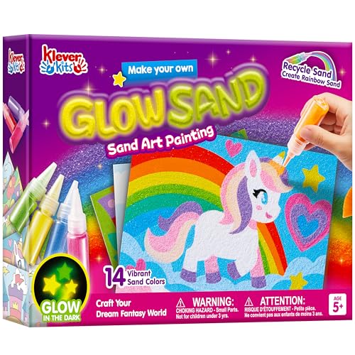 Klever Kits Glow Sand Art Kits for Kids, Glow in The Dark Sand Painting with 14 Colors, Kids Crafts, 6 Fantasy Templates & 4 DIY Sheets, Mess Free Arts and Crafts, Gifts for Girls Ages 5+ by JOVA