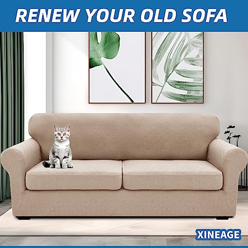 XINEAGE 2025 New 3 Pieces Couch Covers for 2 Extra Large Cushion Sofa Super Stretch Sofa Cover for 2 Large Seat Cushion Universal Loveseat Slip Cover for Living Room (Khaki), 71"-91"(2 Cushions)