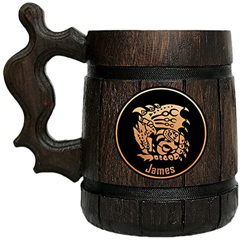 BeardedMugs-Monster-Hunter-World-Rathalos-Wooden-Beer-Mug-Personalized-MHW-Gamer-Tankard-Gift-For-Him-Stein-Wood-Gift-Husband-225-06L-22-ounces-Brown