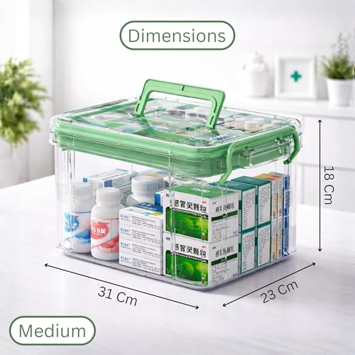 Image of HoopVool Clear Plastic Medicine Storage Box Organizer, Family Emergency Kit with Removable Pill Case Portable Lockable Container for, Art Craft and Cosmetic Household Organizer (Green, Medium)
