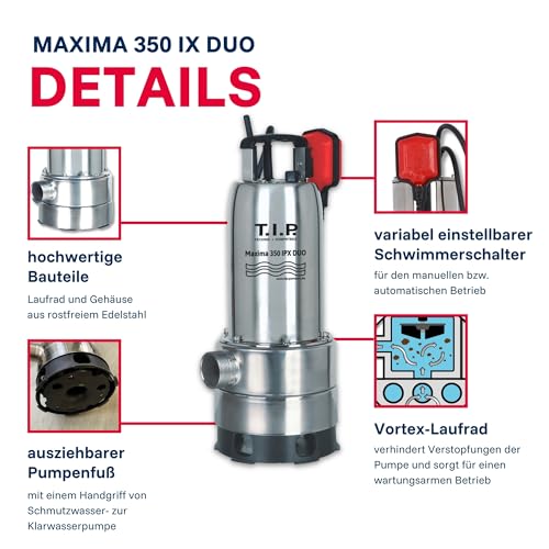 T.I.P. T.I.P. Edelstahl Schmutzwasser Tauchpumpe Duo-Ring, 20.000 l/h, 800W, Flachsaugend, 30mm Korngröße, 8m Förderhöhe, IPX DUO Effizient, Zuverlässig, MAXIMA 350 IPX DUO, 30274 - Produktansicht 9 | Poolpumpen