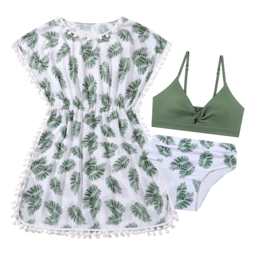 Girls Swimsuit 3 Piece Bikini Set Cute Bathing Suit with Tropical Print Cover Up Girl Swimwear for 8-16 Years