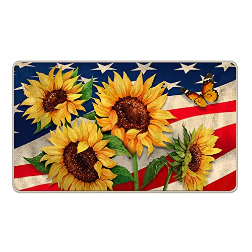 Tailus 4Th Of July American Flag Patriotic Sunflower Front Door Mat, America Stars And Stripes Doormat Indoor Outdoor Floor Entryway Rug, Usa Memorial Day Summer Home Kitchen Decoration 17X29 Inch #TOP8