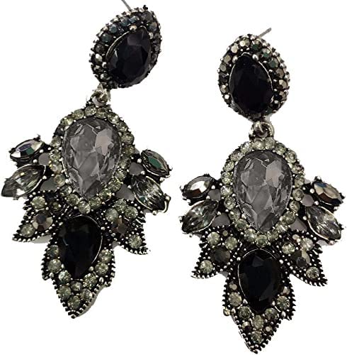 Large Art Deco Antique Vintage Style Black Jet Onyx Grey Marcasite Rhinestone Bridal Bridesmaid Wedding Prom Pageant Drag Queen Statement Cluster Earrings