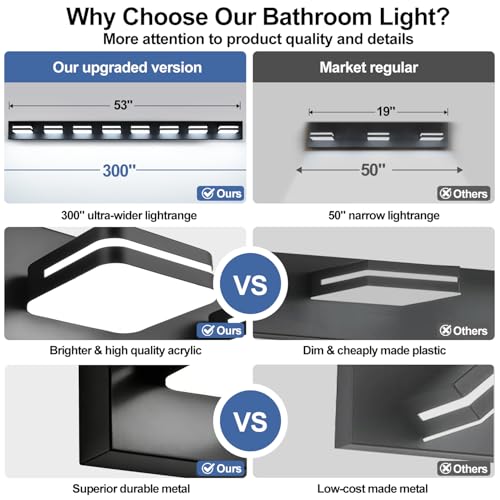 Image of Torondo 360 Rotate LED Bathroom Vanity Light Fixtures, Acrylic Vanity Lights for Bathroom, Modern Wall Lighting Fixtures Over Mirror Living, Matte Black, Natural White, 8-Light, 53-Inch