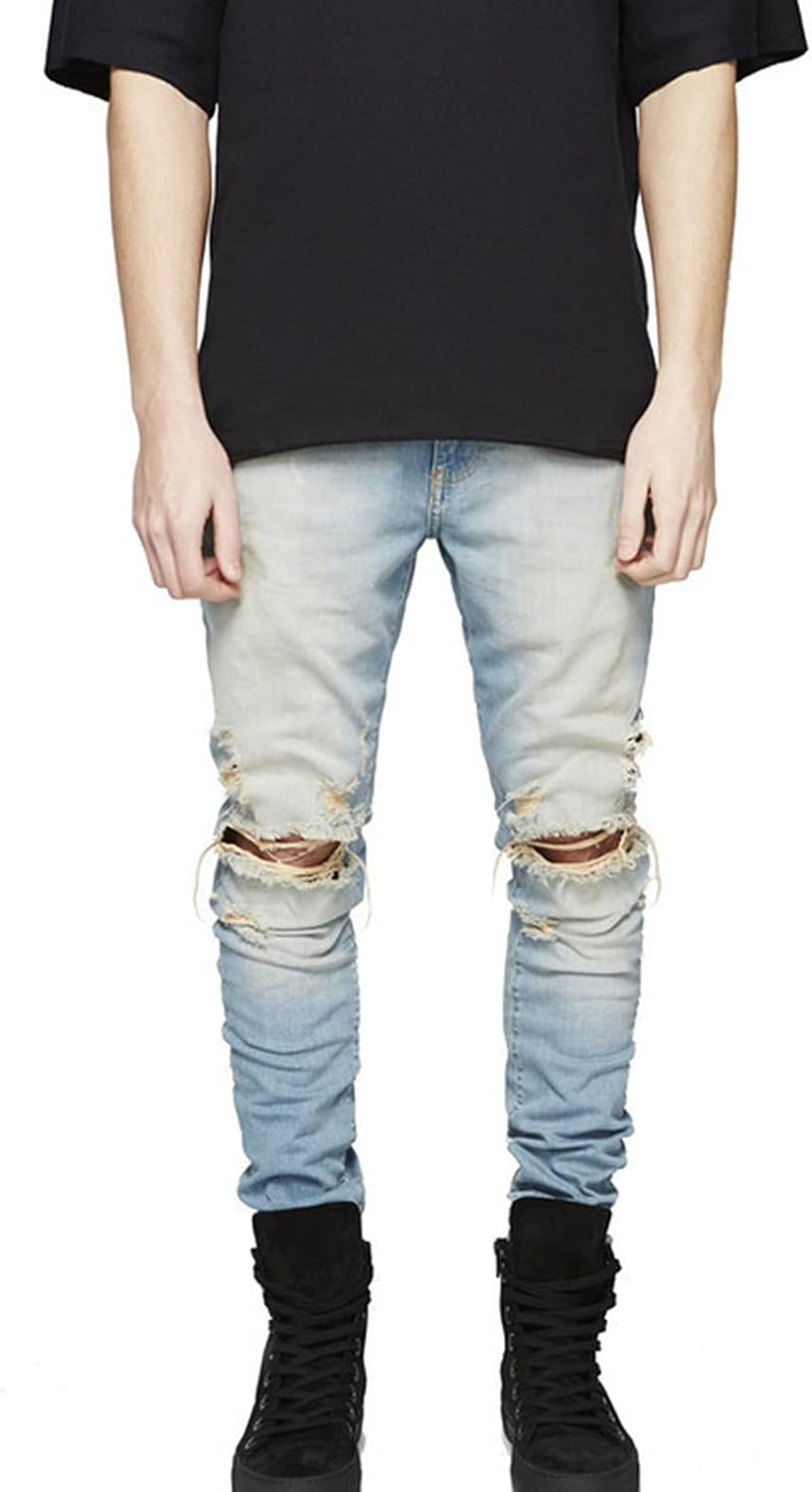 Zwirelz Mens Ripped Jeans Distressed Destroyed Straight Fit Washed Denim Pant Slim Fit Skinny Biker Stretchy Jeans with Holes