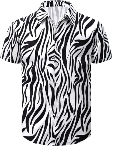 COSAVOROCK Camisa Estampado Cebra Hombre Camisas Animal Casual Manga Corta, Cebra, XL