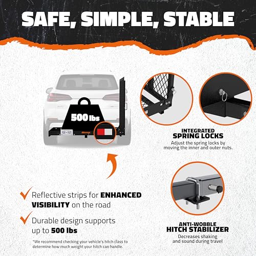 Mockins XL 60"x30"x5" Folding Trailer Hitch Cargo Carrier with Ramp for Wheelchair | 500 Lbs. Capacity All Weather Steel Mobility Scooter Carrier for Car Hitch with Ramp, License Plate Bracket & More