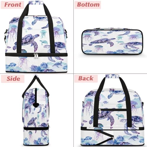 Travel Duffel Bag with Shoe Compartment, Turtle Jellyfish Shoulder Weekender Bags for Women, Foldable Waterproof Travel Bag Carry on Bag3