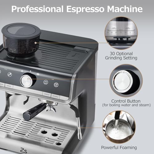 Image of GarveeTech 20 Bar Espresso Machine, Semi-Automatic Espresso Maker with Bean Grinder and Milk Frother Steam Wand, Home Barista Coffee Machine for Macchiatos /Cappuccino /Latte, Gift for Mom Dad