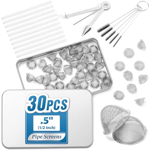 Pipe Screens Filter, 1/2 Inch 30 Pcs Tapered Design Bowl Screens with Pipe Cleaners, 3 in 1 Tool, Bottle Brush, 0.5 Inch Stainless Steel Mesh with Metal Box