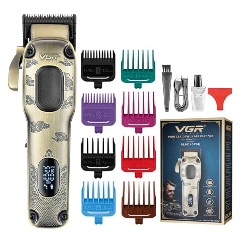 VGR V-027 Professional Hair Clipper, Salon Series with 7000 RPM Brushless Motor, 200-Min Runtime, 2600mAh Lithium Battery, DLC & Titanium Coating Blades, 8 Guide Combs, LED Display, Taper Lever (Gold)