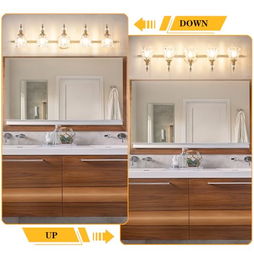 Image of Brushed Antigue Brass Bathroom Light Fixtures, 5 Lights Vanity Light with Flower Glass Shade, Bathroom Vanity Light Over Mirror, Vintage Sconces Wall Lighting for Hallway Livingroom Bedroom