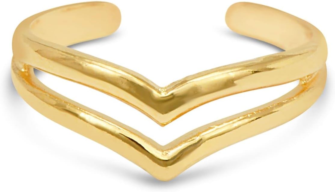 Handmade Gold Chevron Double V-Shape Band Adjustable Toe Ring, Yellow Gold Plated over Sterling Silver, Elegant Dainty Open Toe, Pinky or Knuckle Rings, Beach Foot Jewelry (Gold-Chevron)