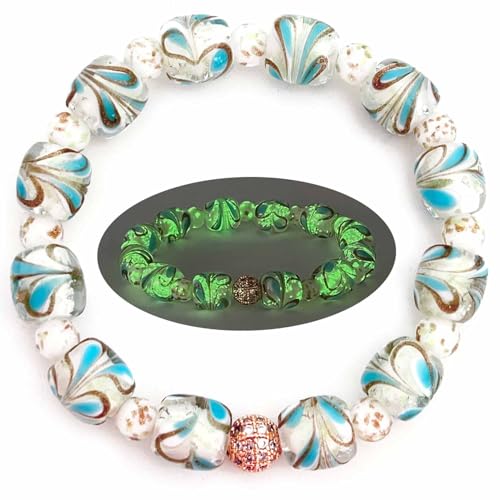 Glow in the Dark Firefly Bead Bracelets, Peacock Feather Murano Glass Jewelry for Women, Mermaid Luminous Crystals Trendy Bracelets Bangles Handmade in USA