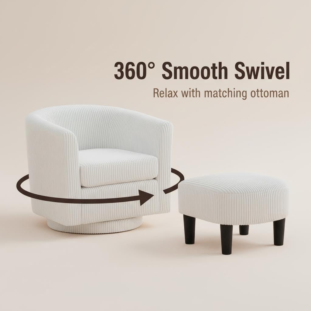 360° Swivel Corduroy Accent Chair with Ottoman – Reclining Armchair for Living Room & Bedroom, Single Sofa with Full Rotation Base (White)