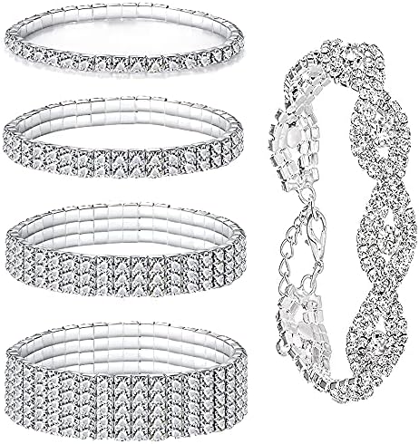 MOZAKA 5Pcs Sparkle Rhinestone Stretch Bracelets Bangle for Women Bling Silver Bridal Wedding Strand Stackable Tennis Bracelet Set