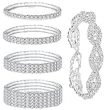 MOZAKA 5Pcs Sparkle Rhinestone Stretch Bracelets Bangle for Women Bling Silver Bridal Wedding Strand