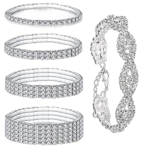 Mozaka 5Pcs Sparkle Rhinestone Stretch Bracelets Bangle For Women Bling Silver Bridal Wedding Strand Stackable Tennis Bracelet Set #TOP14