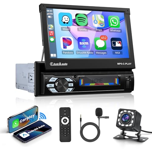 Single Din Car stereo Car Radio Apple CarPlay, Rimoody 7” Electric Flip Out Touch Screen Carplay Car Stereo with Android Auto Bluetooth FM Radio TF/USB/AUX Rear View Camera