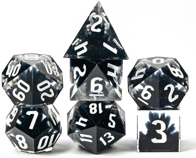 Juego de dados DND afilados de mineral negro enano con caja de dados de cuero  para Calabozos y dragones, D&D, borde afilado, dados de resina