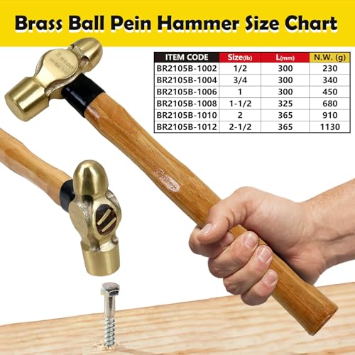 Image of WEDO Brass Ball Peen Hammer 12 oz(3 /4lb), Ball Pein Hammer with Wooden Handle, Length 280mm(11 inch), Die-Forged, Corrosion Resistant, DIN Standard