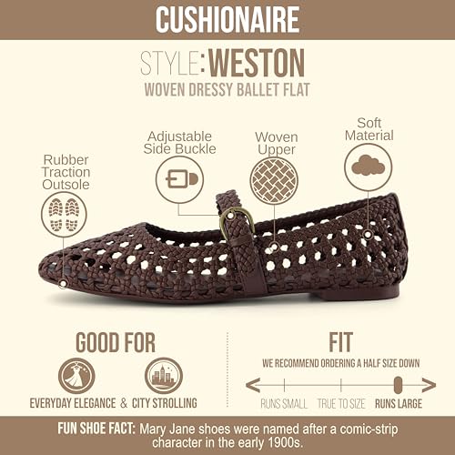 CUSHIONAIRE Weston Hand Woven Mary Jane Flats for Women, Comfortable Dressy Ballet Flats with Braided Adjustable Buckle and Memory Foam Cushioning, Brown 8.5 by CUSHIONAIRE - Used condition - Image 4
