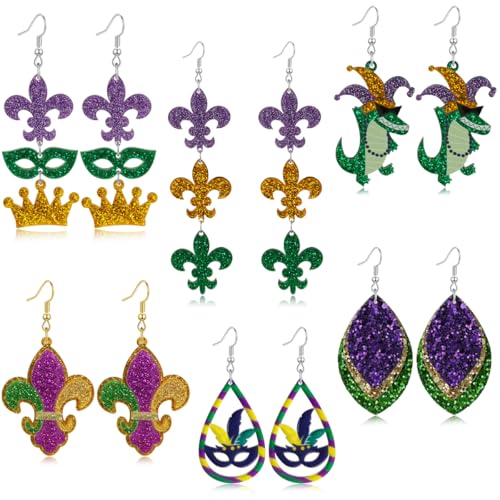 Mardi Gras Earrings Set for Women 6 Pairs Purple Green Gold Glitter Dangle Earrings Carnival Party Accessories (6 Pairs)