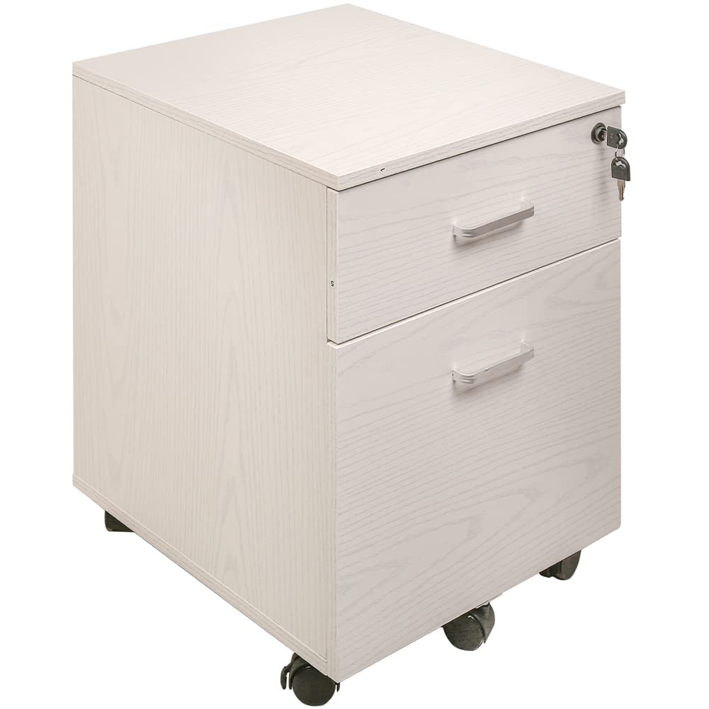 BAKAJI Schedario da Ufficio con 2 Cassetti Serratura con 2 Chiavi, Cassettiera per Scrivania Mobiletto di Legno, Archivio Portadocumenti Salvaspazio, 5 Ruote Mobili Antiribaltamento, 40 x 45 x 55,6 cm