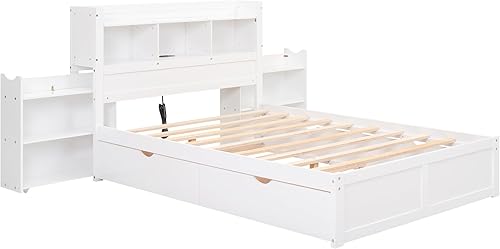 Miniatura 33 de Cama de plataforma de tamaño Queen con cabecero y cajones, marco de cama de plataforma de madera maciza con estantes, puertos USB y enchufes, marco