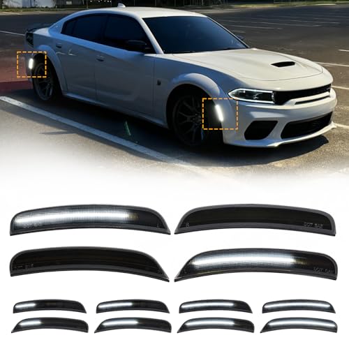 Mynoway 4PCS Dynamic White LED Side Marker Lights Compatible with Dodge Charger 2015-2023 Front & Rear Bumper Marker Position Lamps Smoked Lens Side Markers Light Fender Parking Assembly