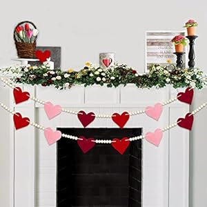 Valentines Felt Heart Garland with Wood Beads – NO DIY -Valentines Decorations – Red Pink Burgundy Heart Rustic Farmhouse Happy Valentines Day Banner For Home Mantel Wedding Anniversary Party Supplies