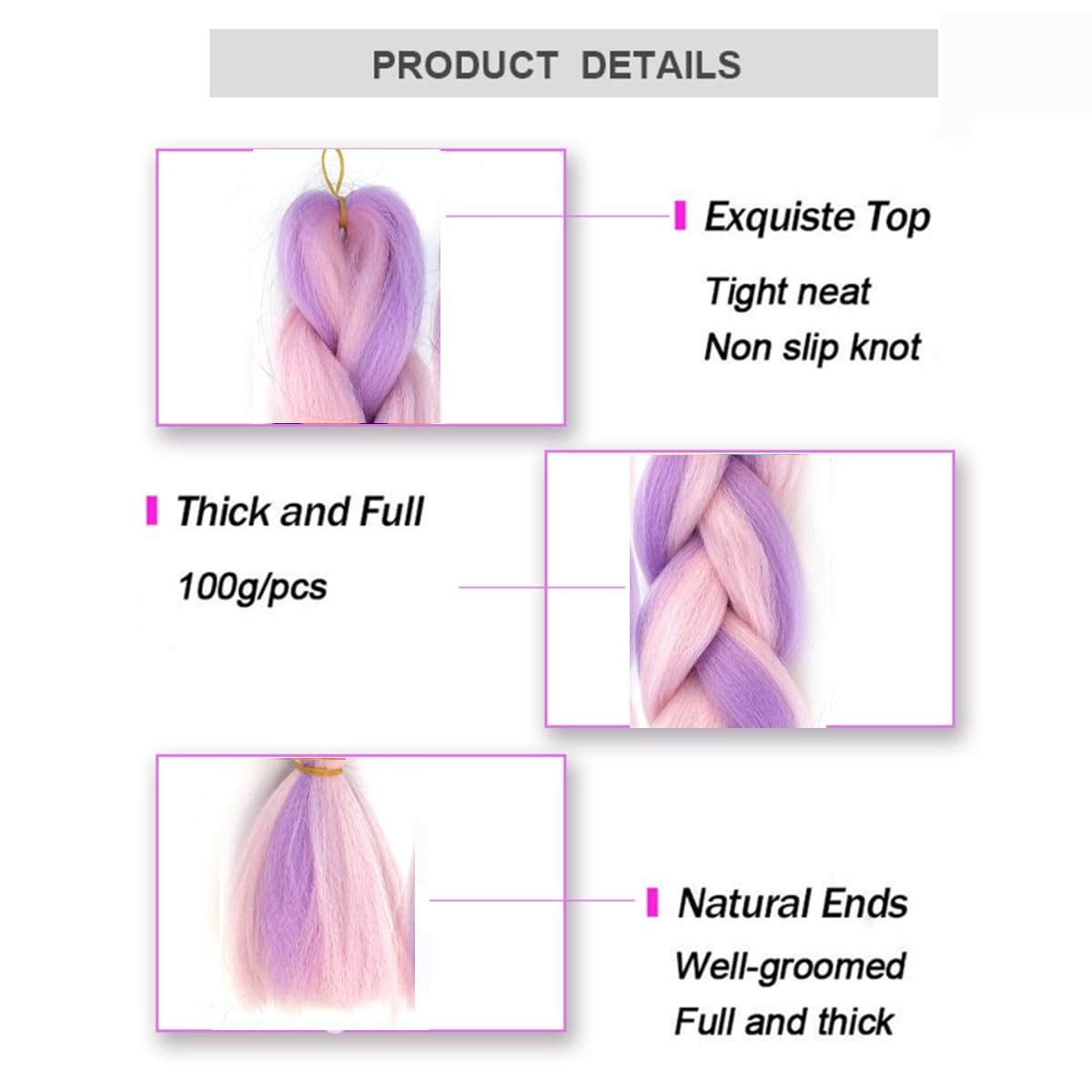 Hair Braids Extensions 2 Tone Synthetic Braid Hair Extension 2pc 24 inches Purple to Light Pink 1520 - Image 4